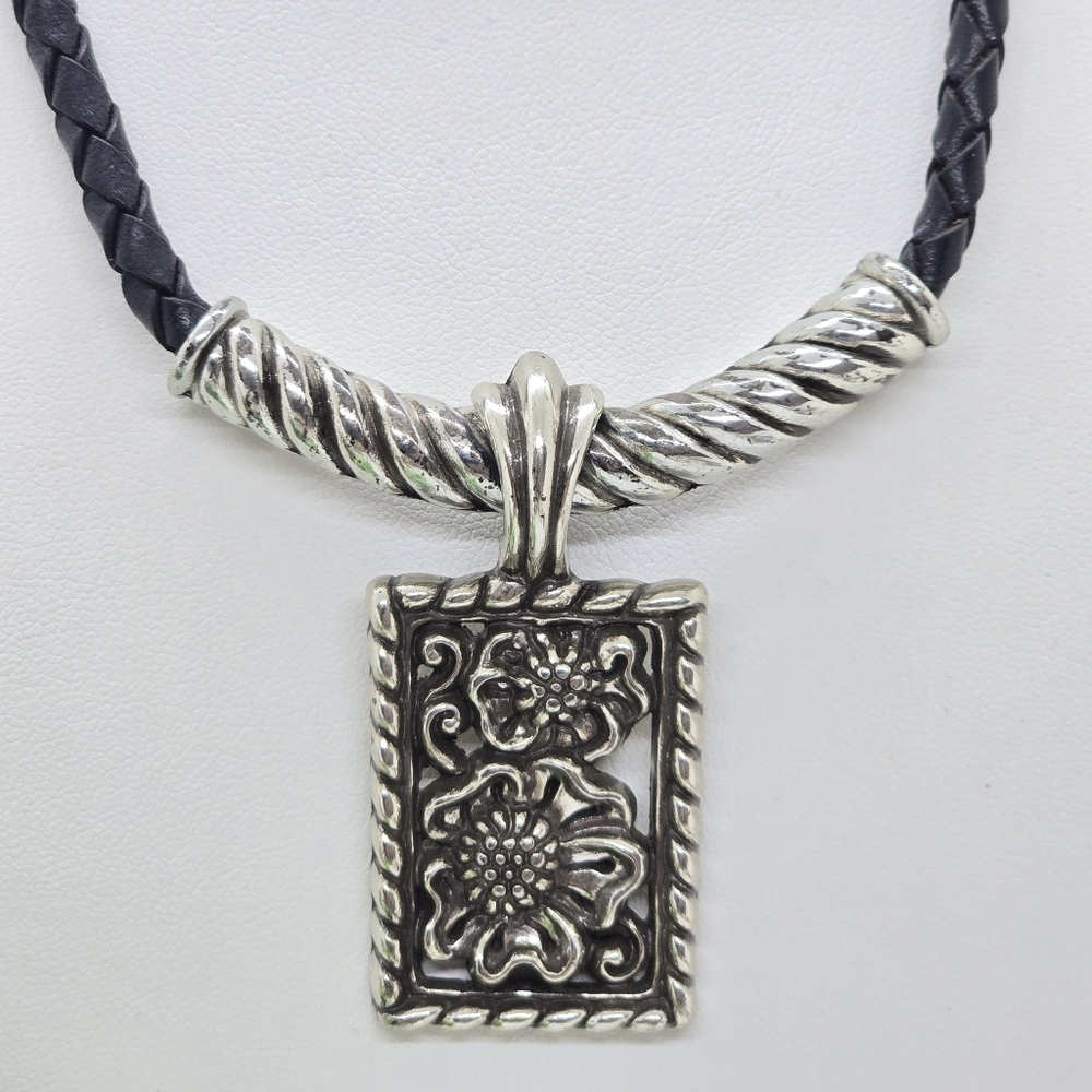 Brighton Braided Leather Necklace With Rectangular floral pendant - Picture 3 of 5